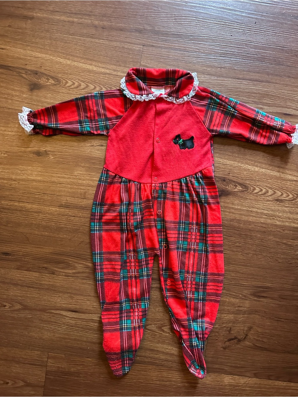 Vintage Red Plaid Baby One-Piece with Scottie Dog Accent